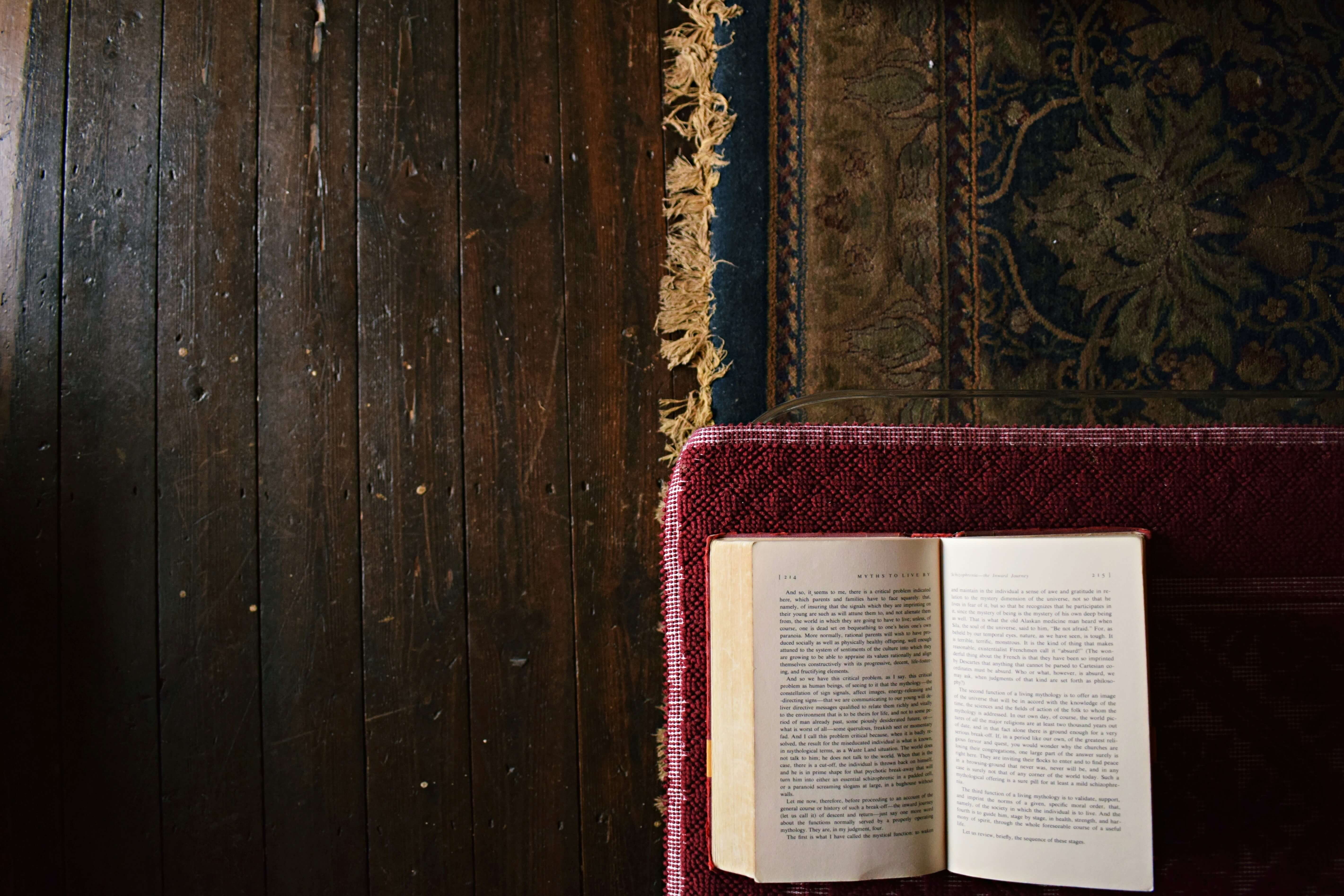 Open book on a red upholstered surface next to a patterned rug on a wooden floor.