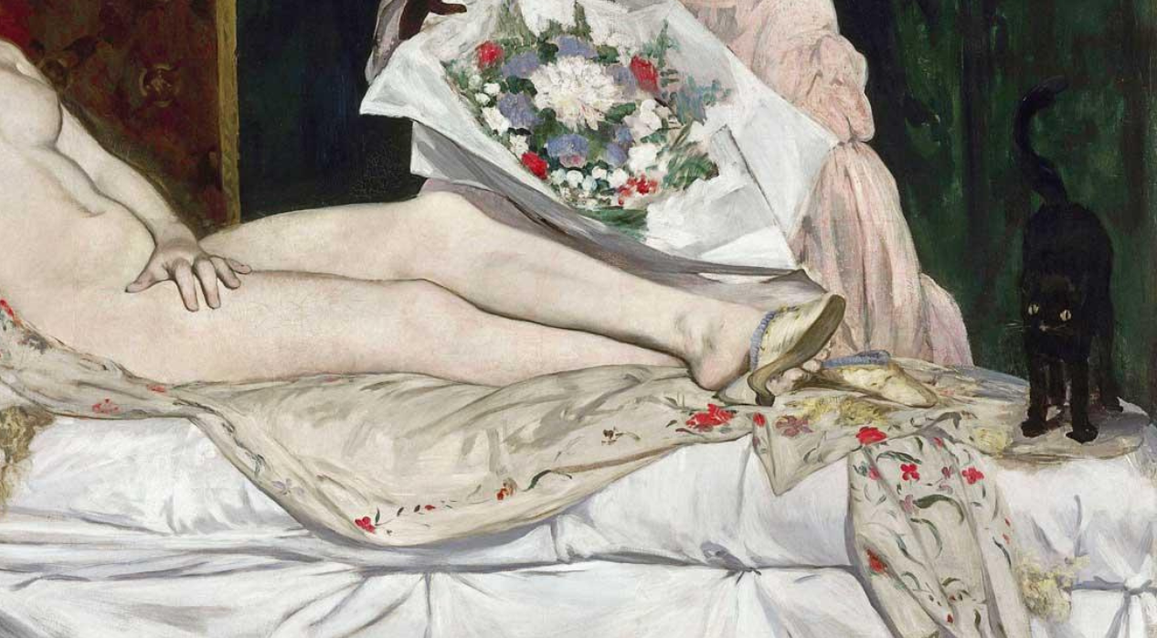 A reclining nude figure on a bed with floral-patterned fabric, a bouquet of flowers, and a black cat nearby. A portion of the painting Olympia by Édouard Manet’s.