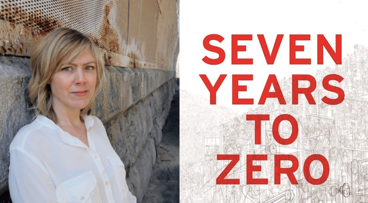 Portrait of a person next to text "SEVEN YEARS TO ZERO" with industrial illustrations.