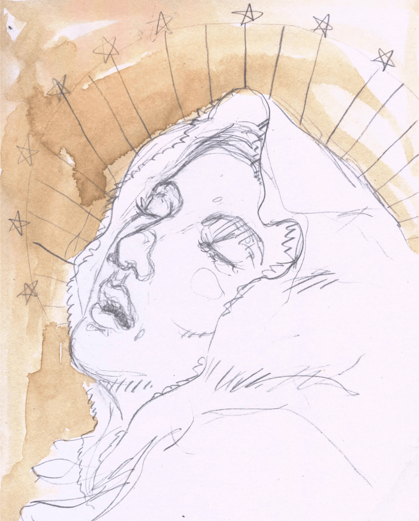 Pencil sketch of a serene face with a halo and stars, against a brown watercolor background.