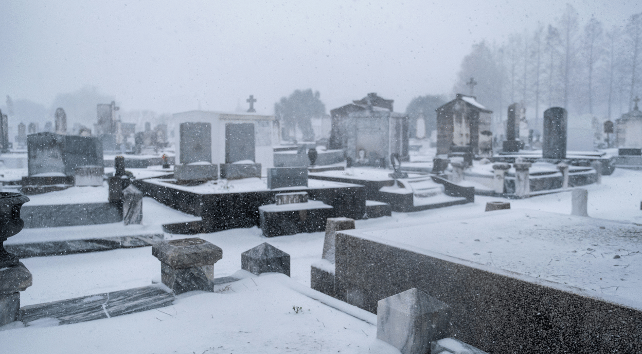 Snow covered gravestones in a cemetery